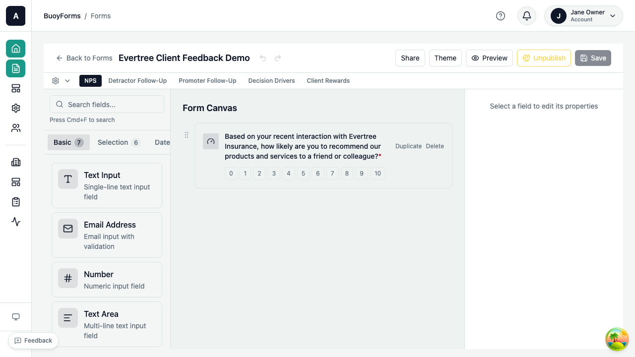 The form builder — field palette on the left, canvas in the center, properties on the right