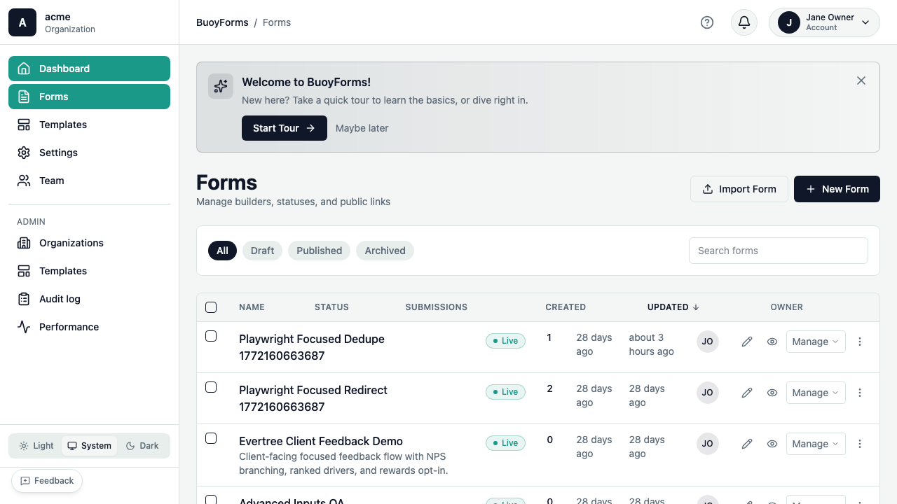 Forms list — click + New Form to create a form