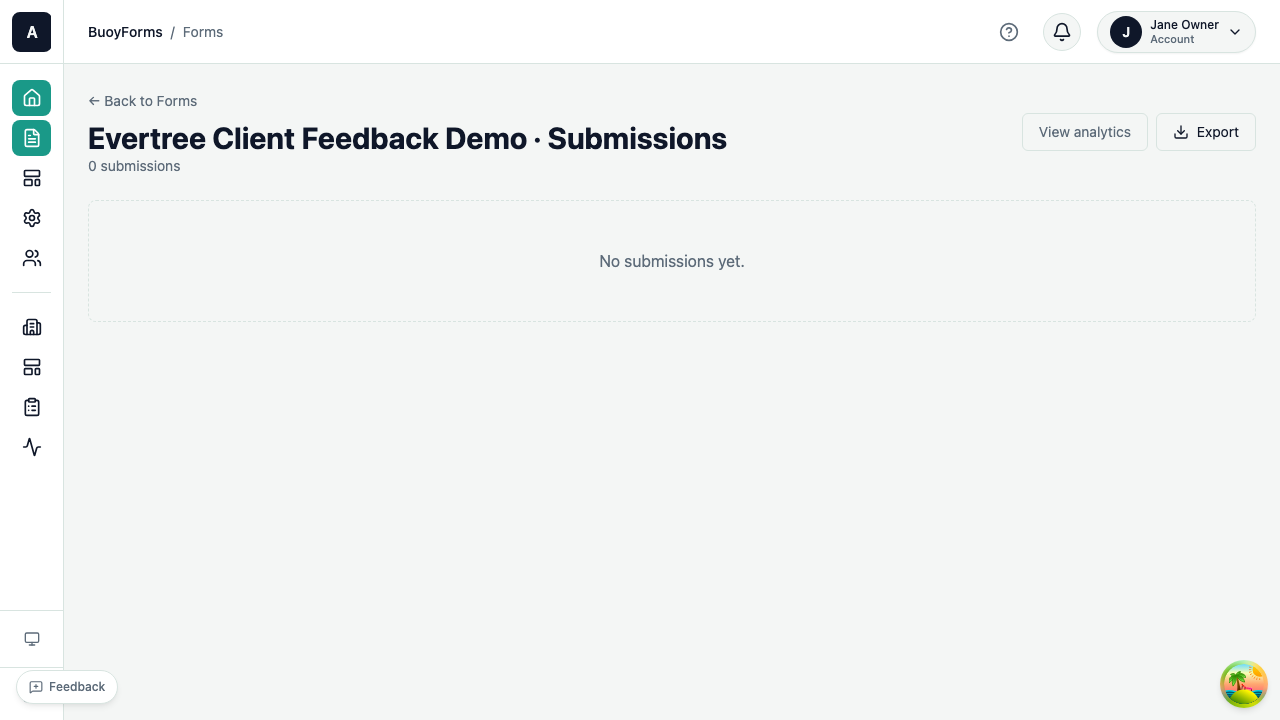 Submissions view — filter, search, and export responses